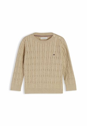 Beige kabelstrikket langærmet sweater med rund halsudskæring, to skulderknapper, ribbet manchetter og lille Tommy Hilfiger-logo på brystet.
