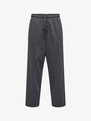 Mørkegrå, vide joggebukser med elastisk midje og snøring, rette bein, egnet for hverdagsbruk.