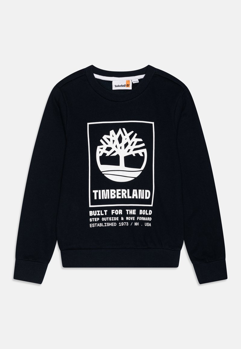 Felpa blu navy in cotone con logo di un albero bianco e testo. Polsini e orlo a coste con design a girocollo.