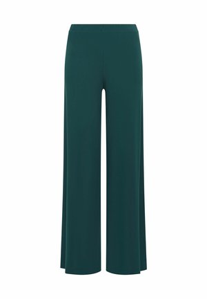 Pantalon large à jambes larges de couleur vert foncé avec une taille haute, sans poches ni motifs visibles, présenté sur fond blanc.