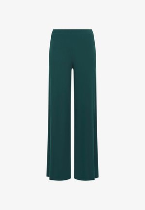 Pantalon large à jambes larges de couleur vert foncé avec une taille haute, sans poches ni motifs visibles, présenté sur fond blanc.