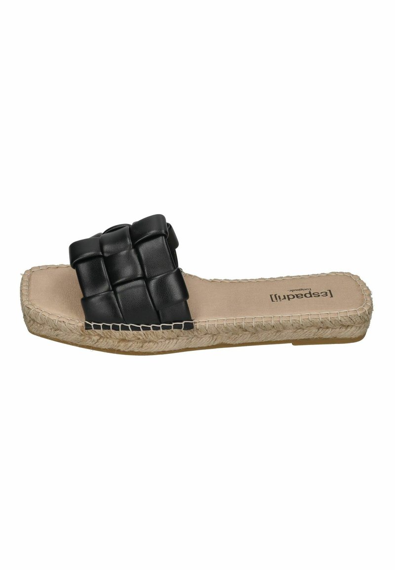 Black leather slip-on sandal featuring a woven strap, natural jute sole, and light cushioning. Smooth texture with a flat design.