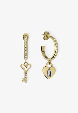 Gold hoop earrings with key and heart lock charms, accented with clear rhinestones along the hoop and key pendant.
