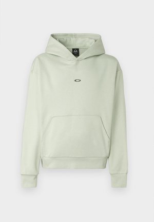 Lichtgroene hoodie met een voorzak, een trekkoordkap en een klein logo op de borst. Zacht materiaal, ribbelboorden en -zoom. Eenvoudig ontwerp.