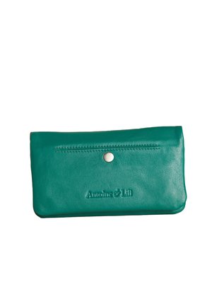 Teal green leather wallet with a snap button closure and embossed "Antoine & Lili" logo on front.