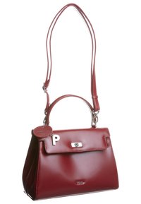 Red leather handbag with top handle and detachable shoulder strap, silver hardware, and brand tag charm attached.