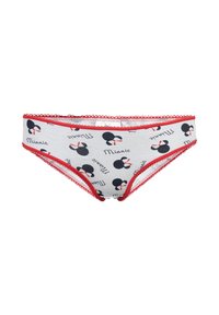 Ropa interior blanca para mujer con siluetas negras de la cabeza de Minnie Mouse, lazos rojos, ribete rojo y texto de "Minnie" impreso por toda la prenda.