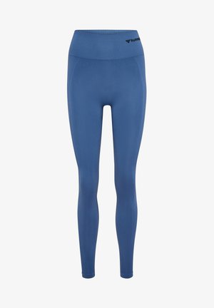 Blå leggings lavet af strækstof, med høj talje og en glat tekstur. Logo-detalje på taljen.