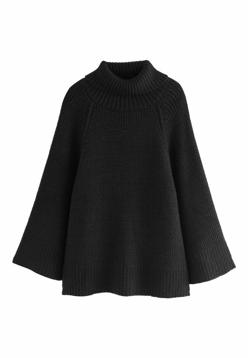 Black chunky knit turtleneck sweater with wide sleeves and ribbed cuffs and hem, laid flat on white background.