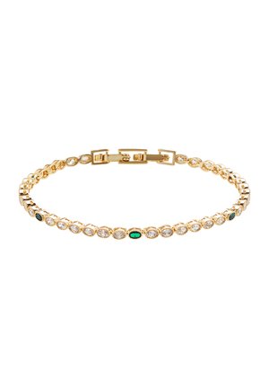 Gold bracelet with alternating oval clear and green gemstones in a linked setting, featuring a secure box clasp closure.