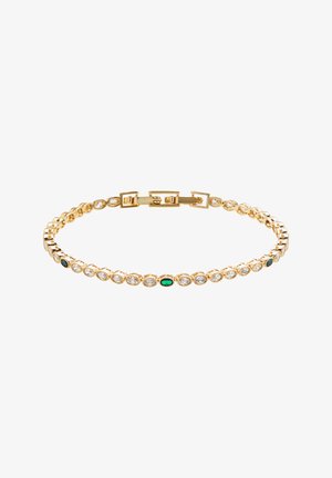 Goldenes Armband mit abwechselnden ovalen klaren und grünen Edelsteinen in einer verbundenen Fassung, mit sicherem Kastenschloss-Verschluss.