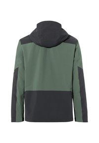 Hooded jacket in dark green and black, with a structured design. Features color blocking and a smooth texture. Simple and functional look.