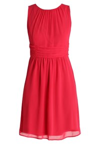 Robe fuchsia sans manches avec encolure froncée et détail plissé à la taille, jupe fluide en tissu léger en chiffon.