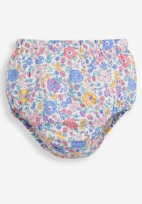 Buciki dla niemowląt z elastycznym pasem i nogawkami, zdobione wielokolorowym wzorem kwiatowym na jasnym tle.