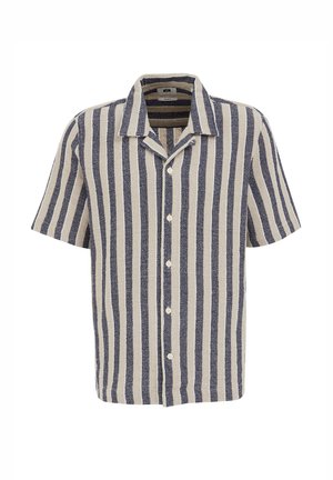 Short-sleeve shirt in a beige and navy striped pattern, featuring a collared neckline and button front, made from textured fabric.