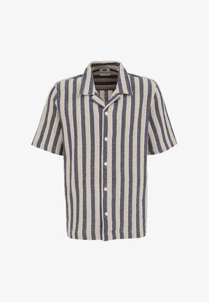 Cămașă cu mânecă scurtă, dintr-un material texturat, cu un model în dungi bej și bleumarin, având un guler și închidere cu butoane.