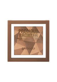 Bronzer multicolore in una confezione quadrata marrone, caratterizzata da un motivo geometrico di toni di marrone caldo e accenti dorati con un bordo bianco trasparente.