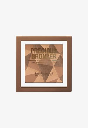 Bronzer multicolore in una confezione quadrata marrone, caratterizzata da un motivo geometrico di toni di marrone caldo e accenti dorati con un bordo bianco trasparente.