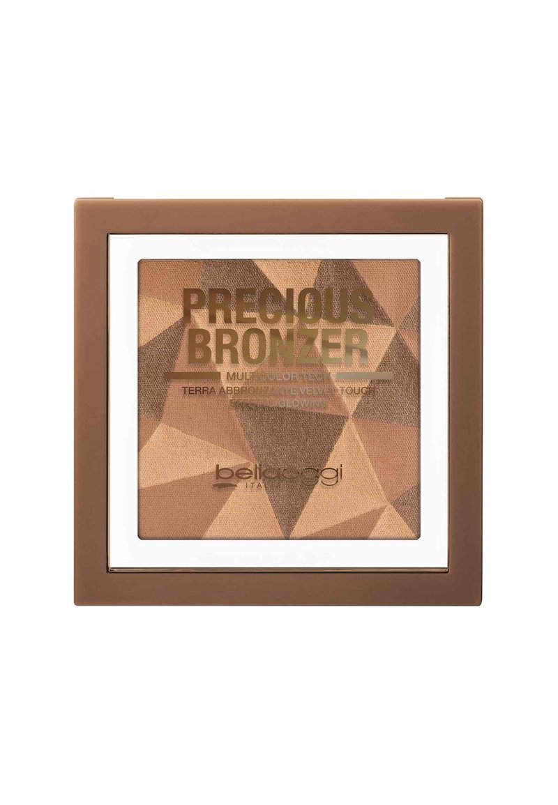 Bronzer multicolore in una confezione quadrata marrone, caratterizzata da un motivo geometrico di toni di marrone caldo e accenti dorati con un bordo bianco trasparente.