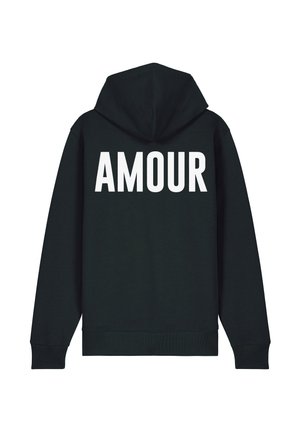 Sweat à capuche noir en tissu doux avec un grand imprimé "AMOUR" en blanc dans le dos. Comprend une capuche avec cordon de serrage et des poignets côtelés.