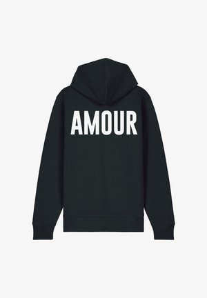 Felpa nera con cappuccio realizzata in tessuto morbido, caratterizzata da una grande stampa "AMOUR" bianca sul retro. Include un cappuccio con coulisse e polsini a costine.