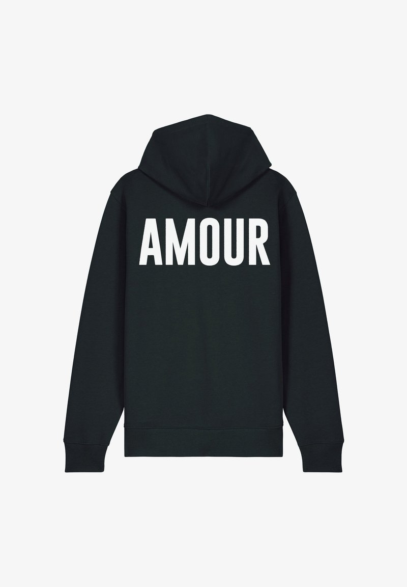 Sweat à capuche noir en tissu doux avec un grand imprimé "AMOUR" en blanc dans le dos. Comprend une capuche avec cordon de serrage et des poignets côtelés.