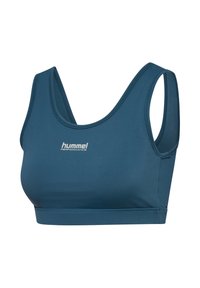 Teal sport-bh i slät tyg med rundad urringning och breda axelband. Har en liten vit logotyp framtill och en figurnära passform.