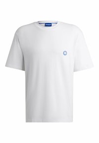 White cotton t-shirt with a round neckline and short sleeves. Features a small blue smiley logo on the chest. Simple, unembellished design.