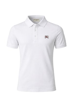 Polo bianca a maniche corte con tre bottoni, colletto e una piccola toppa rettangolare con il logo sul petto a sinistra.