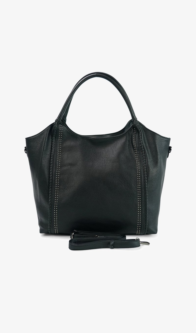 Groene leren handtas met een gestructureerde afwerking, twee handvatten en decoratieve metalen studs langs de zijkanten. Inclusief een verwijderbare schouderriem.