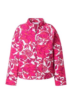 Blumige gesteppte Jacke mit Stehkragen und einem Reißverschluss vorne. Sie hat ein hellrosa und weißes Blumenmuster, zwei Fronttaschen und lange Ärmel.