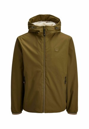 Olivgrüne, wasserdichte Jacke mit Reißverschluss vorne, verstellbarer Kapuze und Fleece-Futter. Verfügt über Seitentaschen und elastische Bündchen.