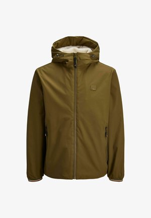 Olivgrüne, wasserdichte Jacke mit Reißverschluss vorne, verstellbarer Kapuze und Fleece-Futter. Verfügt über Seitentaschen und elastische Bündchen.