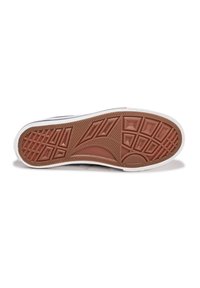 Suola della scarpa con una superficie in gomma marrone caratterizzata da motivi a trama geometrica, dettagli testurizzati e un bordo laterale bianco.