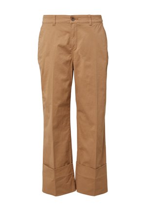 Beige cotton trousers with a straight leg design, featuring a button closure, flat front, and wide cuffs at the hem.