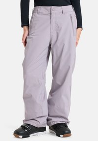 Light purple snow pants made of water-resistant material, featuring a relaxed fit, side pockets, and elastic cuffs.