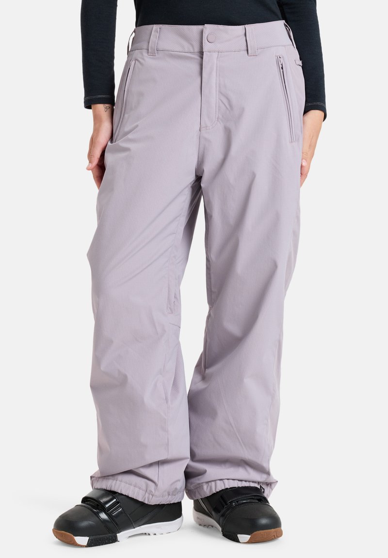 Light purple snow pants made of water-resistant material, featuring a relaxed fit, side pockets, and elastic cuffs.