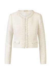 White tweed jacket featuring a round neckline, pearl accents along the collar and front, two front pockets, and long sleeves.