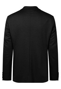 Black blazer with a smooth texture, single back vent, and three-button cuff accents. Minimalist design, tailored fit, and no visible branding.