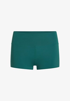 Teal stretch fabric short with a high waistband and a fitted design, featuring a clean finish and no visible seams.