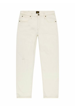 Jeans en denim blanc avec une coupe droite, cinq poches, fermeture à bouton et détail déchiré sur le devant. Étiquette de marque classique Lee.