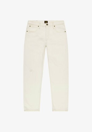 Weiße Jeans mit geradem Bein, fünf Taschen, Knopfverschluss und used-Look-Details auf der Vorderseite. Klassisches Lee-Branding-Label.