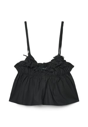 Débardeur noir court avec fines bretelles réglables, encolure à volants et détails élastiques froncés au niveau de la poitrine et de la taille.