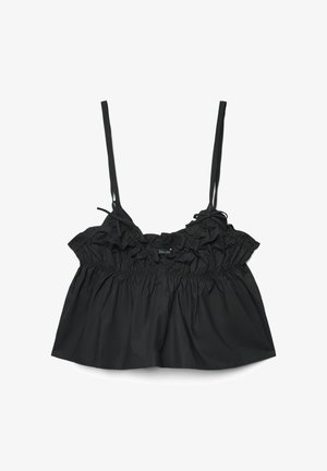 Débardeur noir court avec fines bretelles réglables, encolure à volants et détails élastiques froncés au niveau de la poitrine et de la taille.