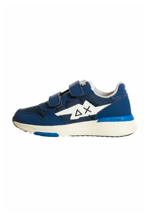 Scarpe sportive blu con chiusure in velcro, suole in gomma, accenti bianchi e una grafica del logo sul lato. Costruzione leggera e ammortizzate.