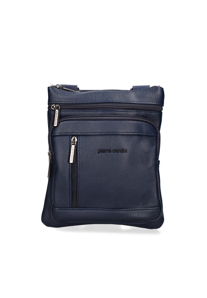 Borsa a tracolla in pelle blu navy con più tasche con zip e finitura testurizzata, con il nome del marchio "Pierre Cardin" sulla parte anteriore.