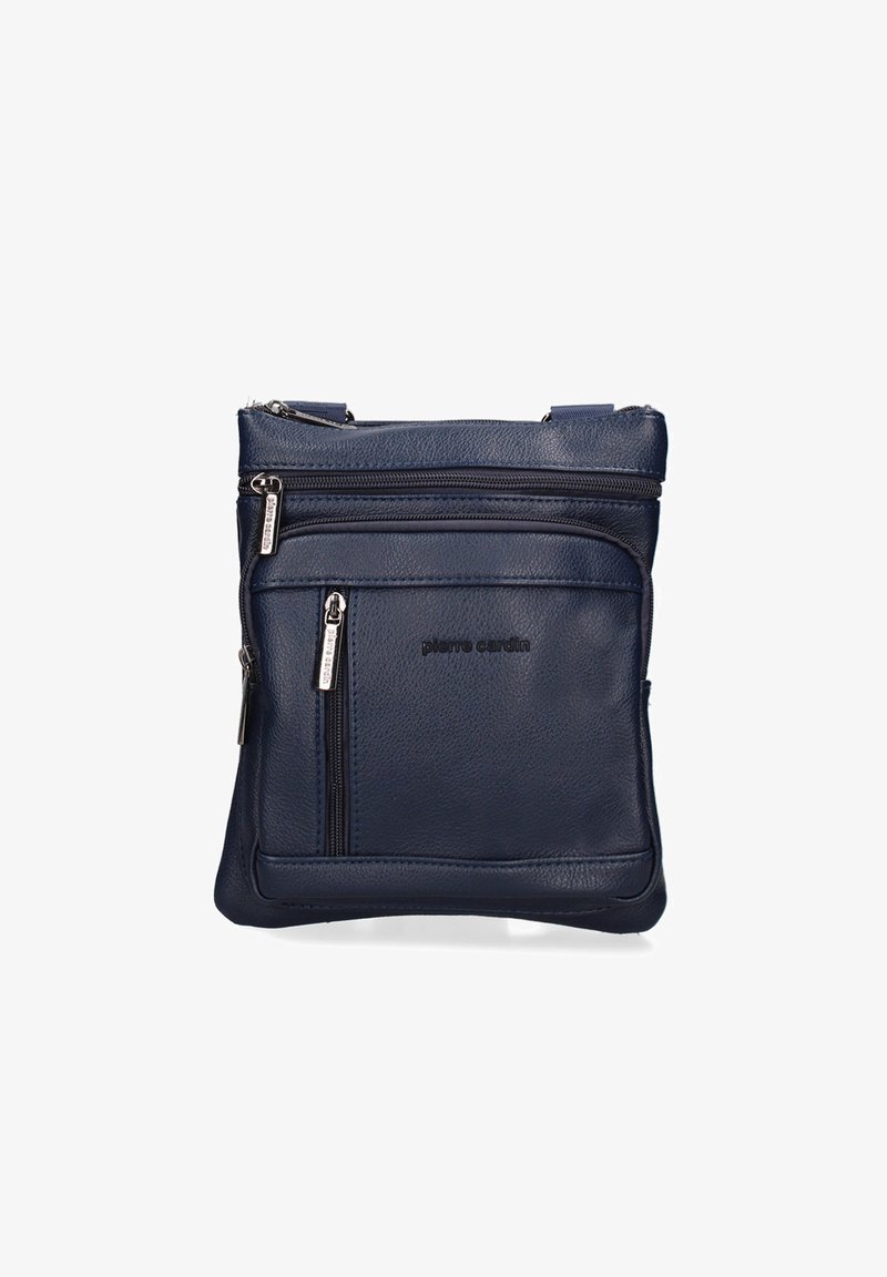 Borsa a tracolla in pelle blu navy con più tasche con zip e finitura testurizzata, con il nome del marchio "Pierre Cardin" sulla parte anteriore.