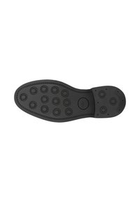 Suola in gomma nera con battistrada circolari, cuciture lungo il bordo e area del tallone strutturata per presa e durata.