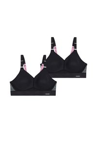 Schwarze kabellose BHs aus Netzstoff, mit rosa Trägern und strukturierten Akzenten an den Seiten. Verfügt über verstellbare Träger und ein Logo am Bund.