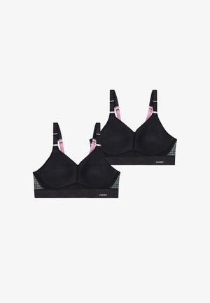 Svarta trådlösa behåar i nätmaterial, rosa axelband och texturerade detaljer på sidorna. Har justerbara axelband och en logotyp på bandet.